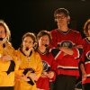 Corinne Giguere, Sophie Caron, Karine Bourbonnais, Francois-Etienne Pare et Zoomba. Match 1 de la saison 2009 de la LNI opposant l equipe des Jaunes a l equipe des Rouges, au Petit Medley de Montreal, le 09 fevrier 2009.